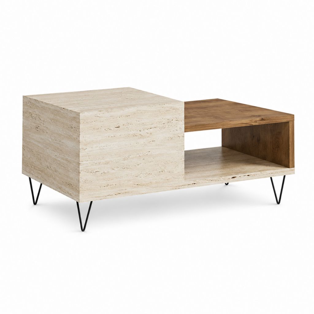 Table basse rectangulaire avec rangement travertin noyer et acier noir 120 x 60 x 40 cm
