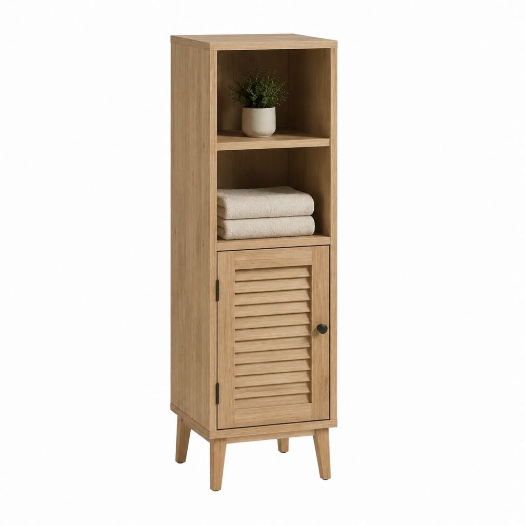 Colonne de rangement salle de bain rectangulaire chêne clair en panneaux de particules 35 x 30 x 140 cm avec porte et étagères