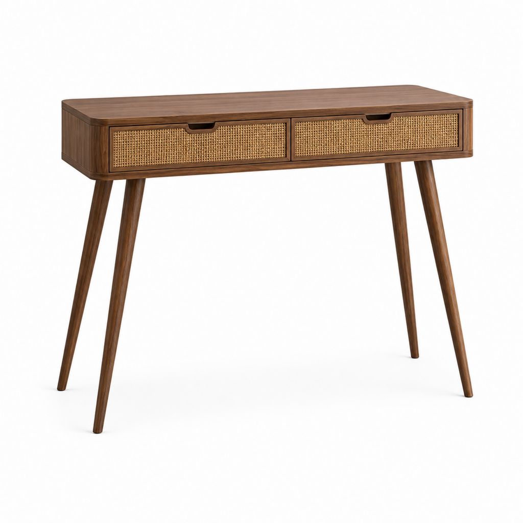 Console d'entrée rectangulaire noyer massif et rotin tressé avec 2 tiroirs 100 x 35 x 75 cm