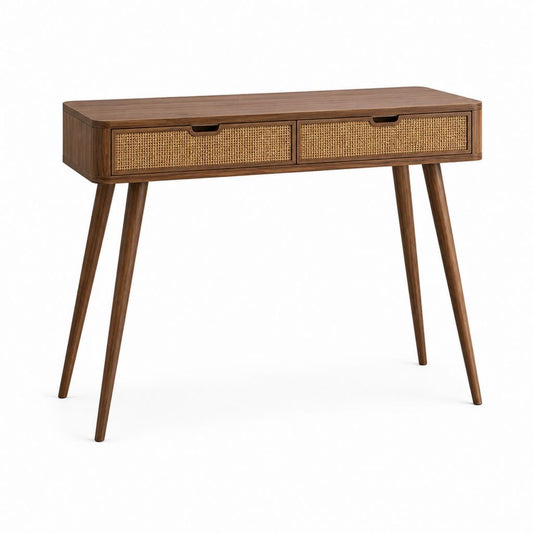 Console d'entrée rectangulaire noyer massif et rotin tressé avec 2 tiroirs 100 x 35 x 75 cm