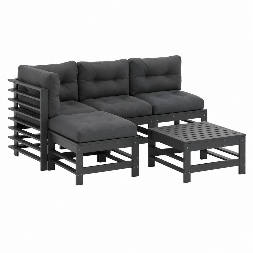 Ensemble salon de jardin 4 pièces canapé 3 places noir en pin massif avec coussins en polyester 210 x 70 x 67 cm