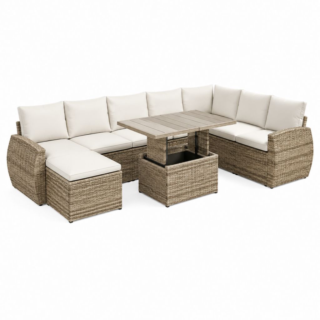 Salon de jardin modulable 7 pièces beige et taupe en résine tressée PE 280 x 210 x 73 cm