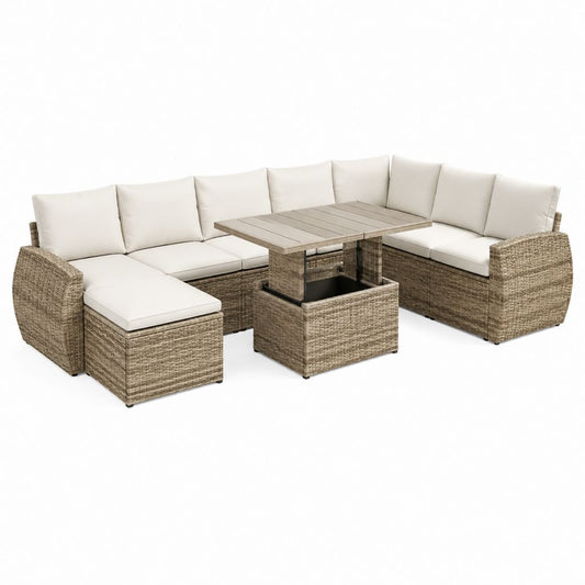 Salon de jardin modulable 7 pièces beige et taupe en résine tressée PE 280 x 210 x 73 cm