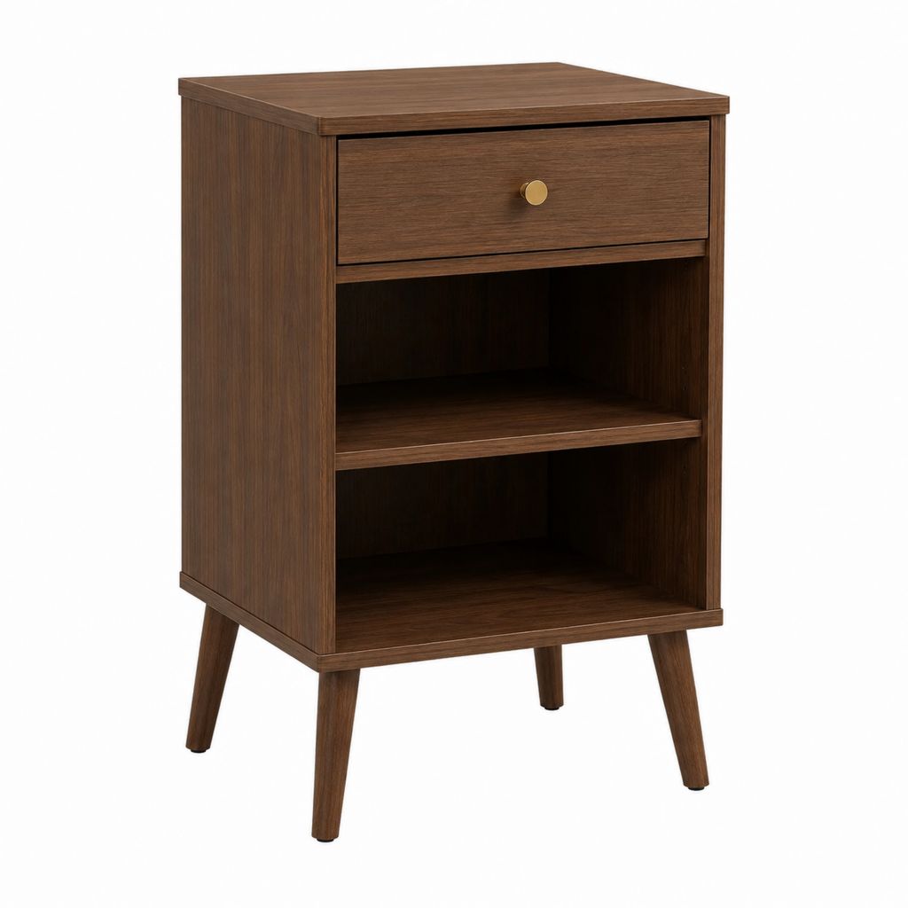 Table d'appoint de rangement marron foncé en panneaux de particules avec tiroir et 2 niches 40 x 35 x 60 cm
