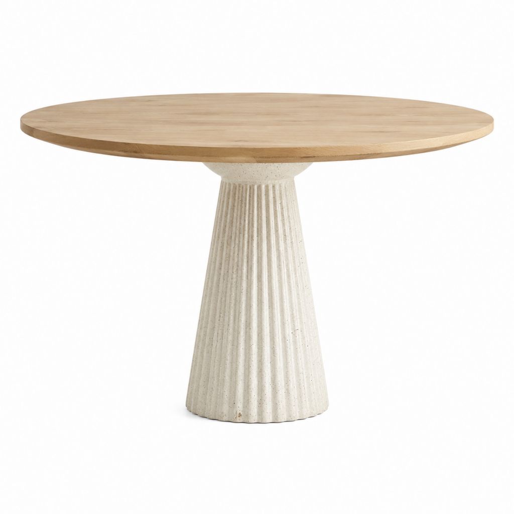 Table basse ronde naturel et blanc cassé en chêne massif et béton fibré Ø 90 x H 45 cm