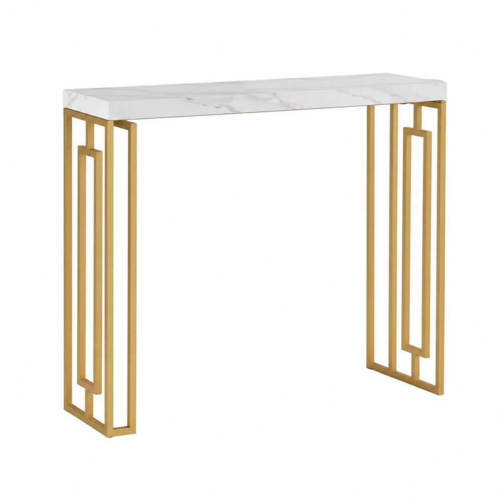 Console d'entrée rectangulaire blanche et dorée en panneau MDF effet marbre et acier 120 x 40 x 78 cm