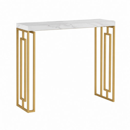 Console d'entrée rectangulaire blanche et dorée en panneau MDF effet marbre et acier 120 x 40 x 78 cm
