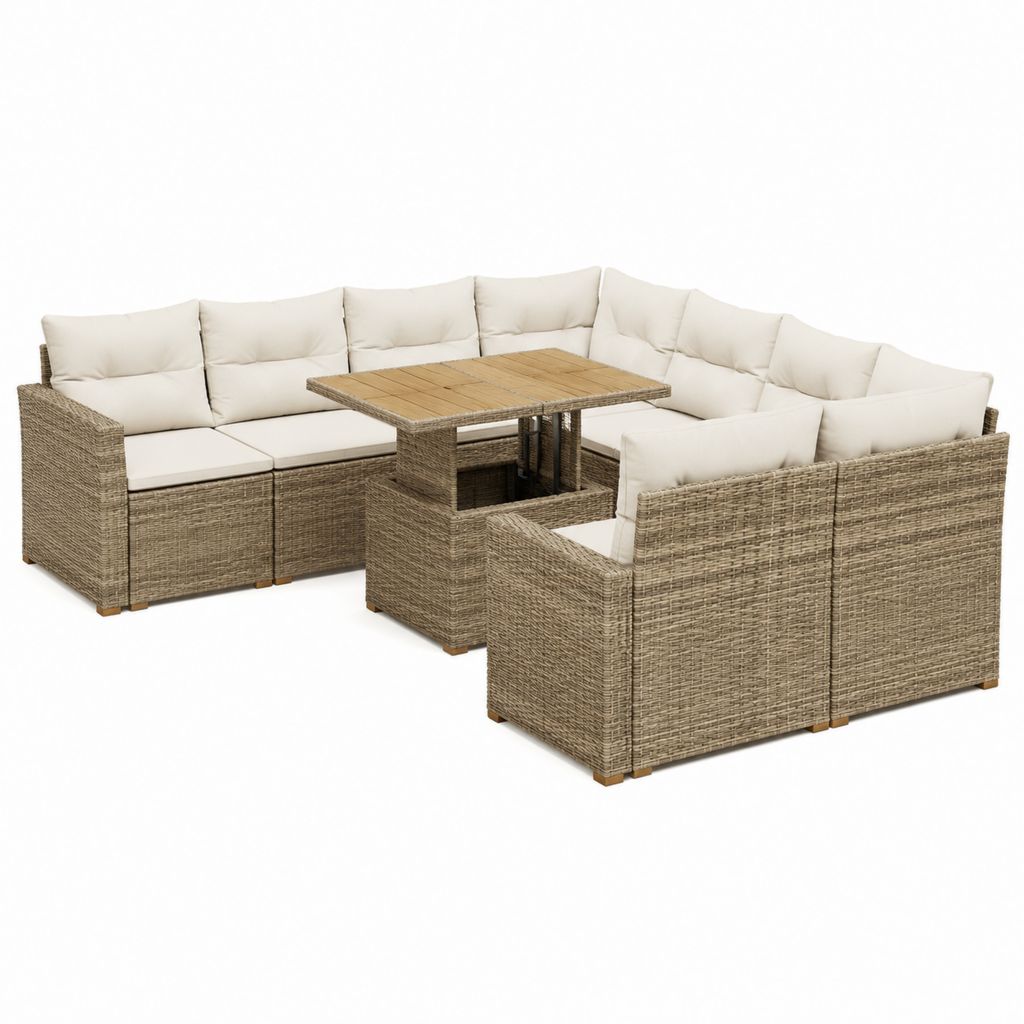 Salon de jardin 6 places en résine tressée PE beige avec coussins crème et table relevable rectangulaire 110 x 60 x 45-68 cm