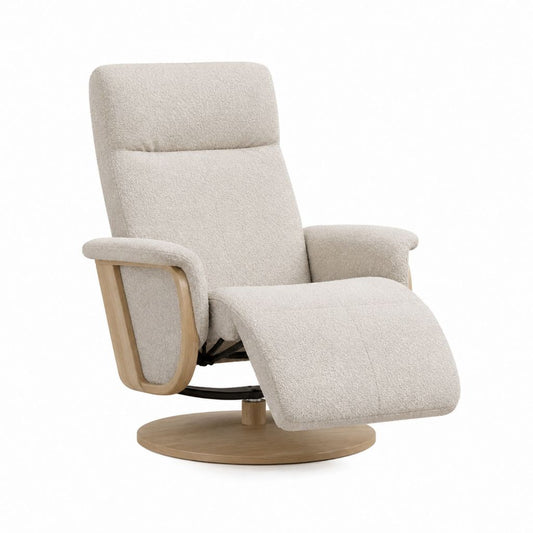 Fauteuil relax inclinable pivotant beige en polyester bouclette et contreplaqué plaqué chêne forme arrondie 76 x 90 x 100 cm