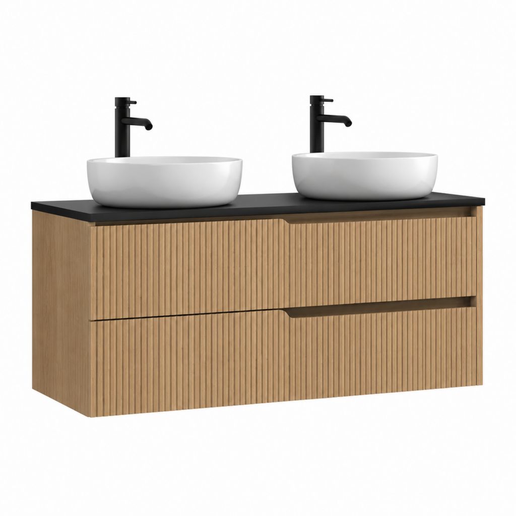 Ensemble meuble sous vasque double vasque suspendu rectangulaire chêne MDF 120 x 46 x 55 cm