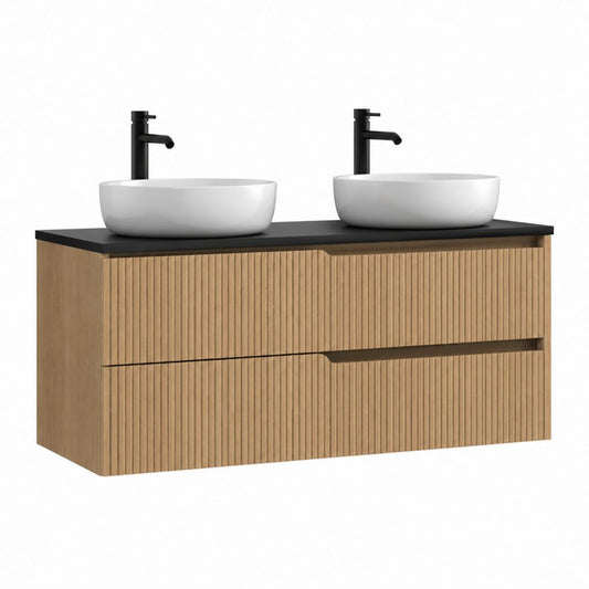 Ensemble meuble sous vasque double vasque suspendu rectangulaire chêne MDF 120 x 46 x 55 cm