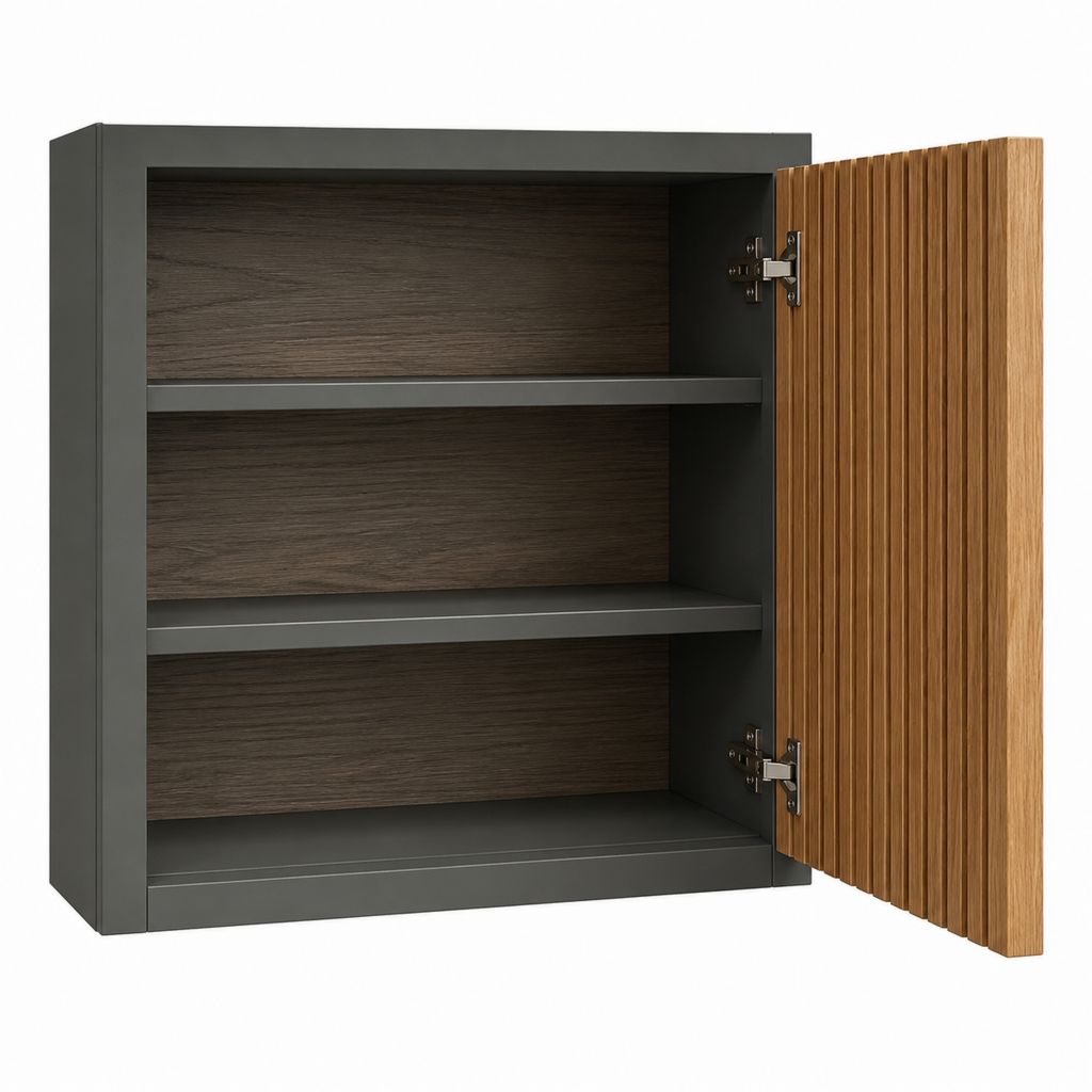 Armoire murale de salle de bain noire et noyer à porte rainurée 60 x 15 x 70 cm