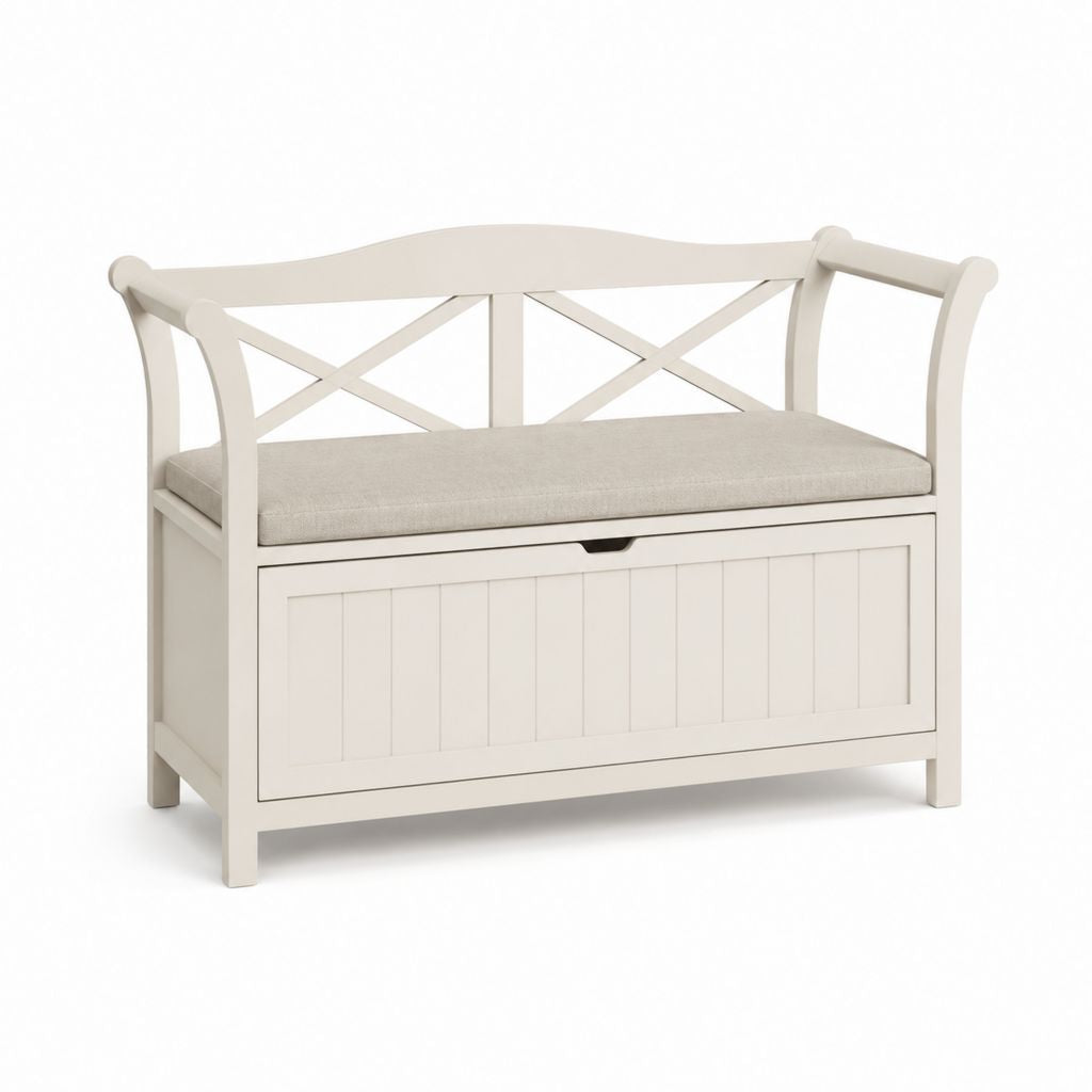 Banc coffre de chambre blanc en MDF avec coussin polyester rectangulaire 100 x 40 x 85 cm