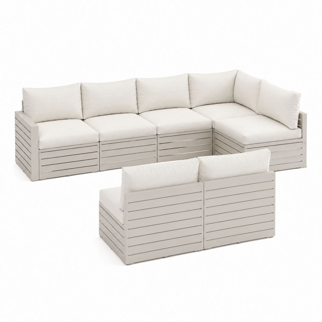 Salon de jardin modulable 5 places gris en pin massif avec coussins polyester en L 280 x 140 x 67 cm