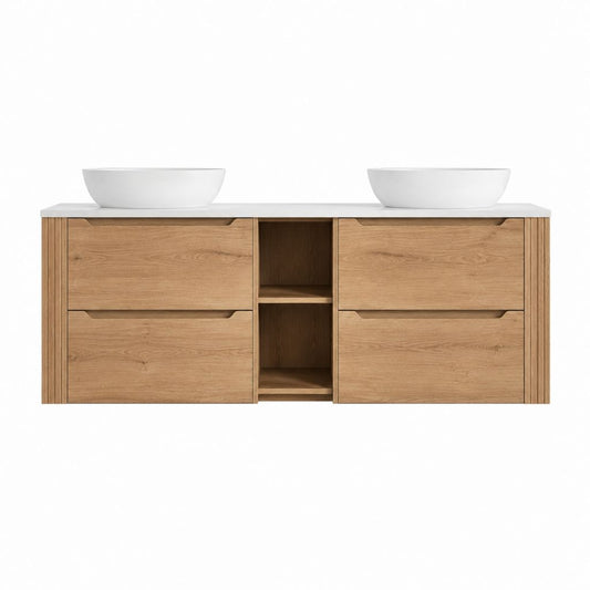 Meuble sous vasque double suspendu chêne clair en MDF 180 x 46 x 55 cm avec 2 vasques blanches