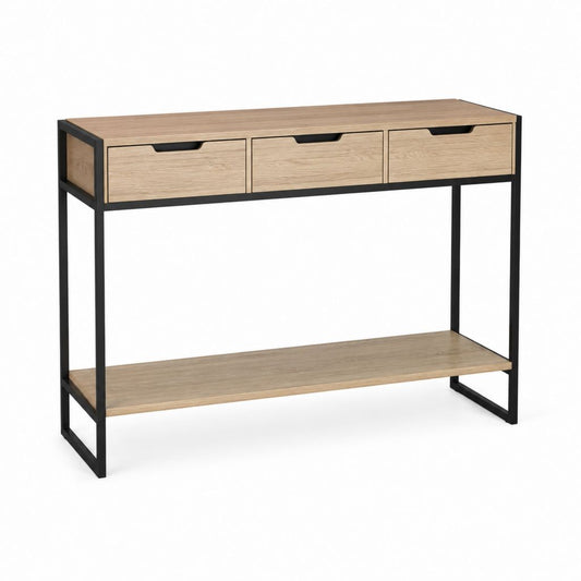 Console d'entrée avec 3 tiroirs et étagère chêne clair noir en MDF et acier 120 x 40 x 80 cm