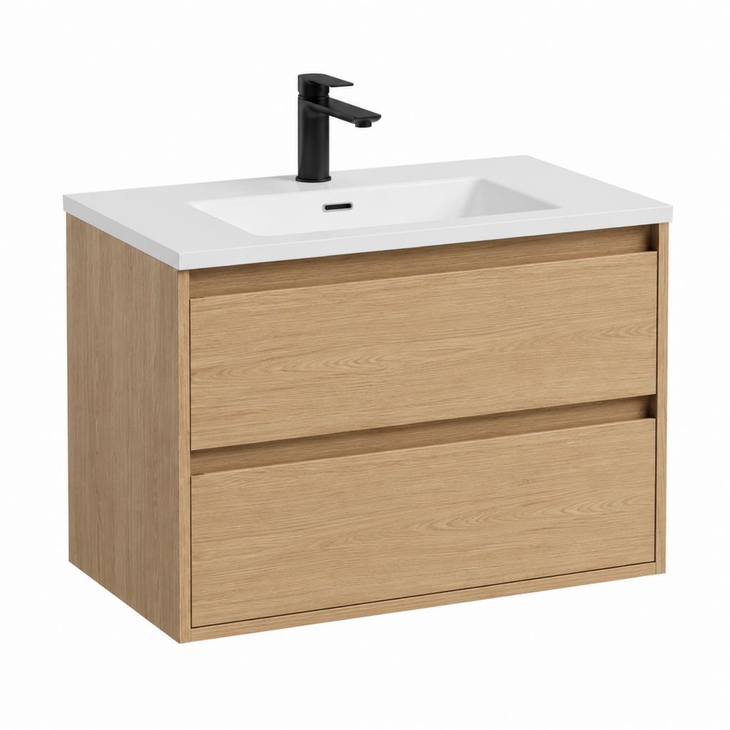 Meuble sous vasque suspendu avec lavabo blanc effet chêne 80 x 46 x 56 cm