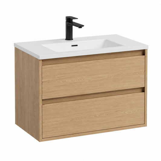 Meuble sous vasque suspendu avec lavabo blanc effet chêne 80 x 46 x 56 cm