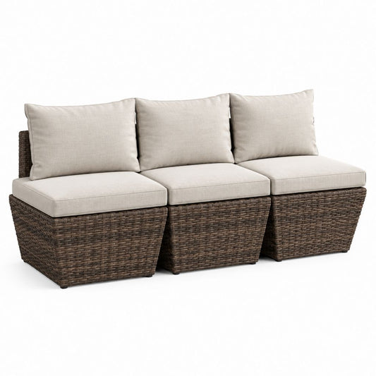 Canapé de jardin 3 places modulable brun en résine tressée PE avec coussins beige 225 x 75 x 85 cm